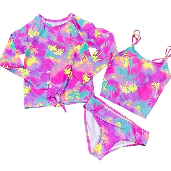 Place Pink Yellow turquoise palm print Rashguard Tankini Swim 3 piece Set small - Picture 1 of 5